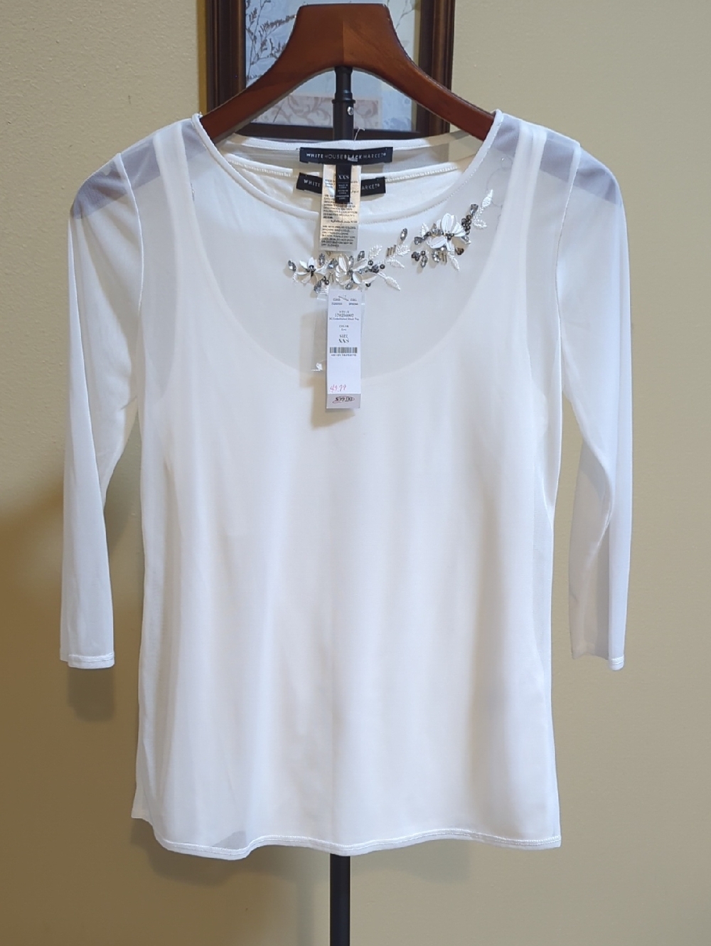 White House Black Market White 3/4 Sleeve Scoop-Neck Top with Crystal Detail